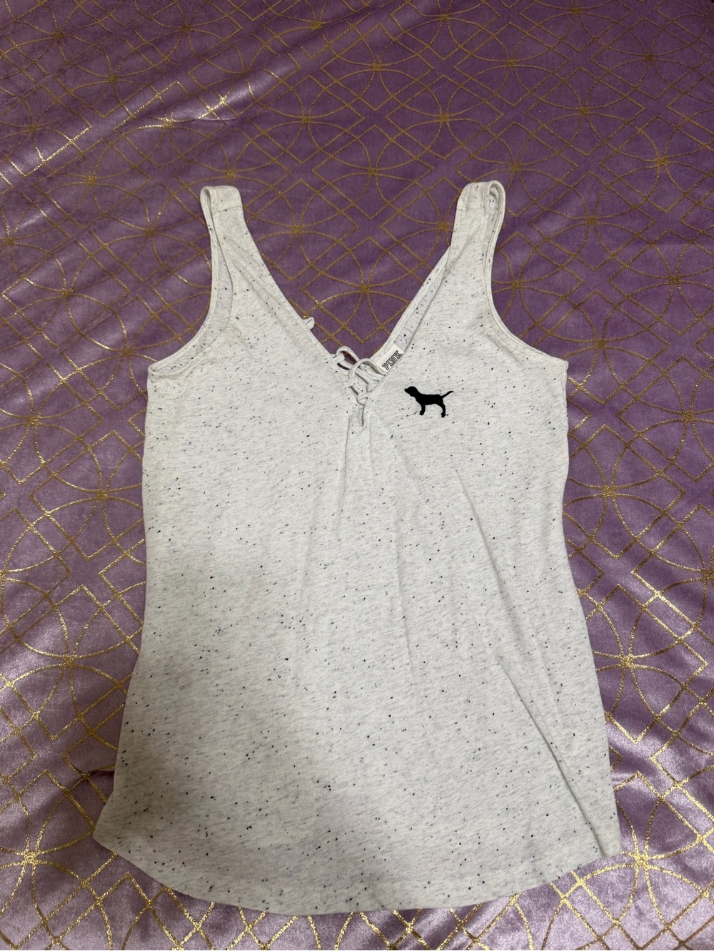 💥 WOMANS PINK Light Gray Speckled Lace-Up Tank Top
